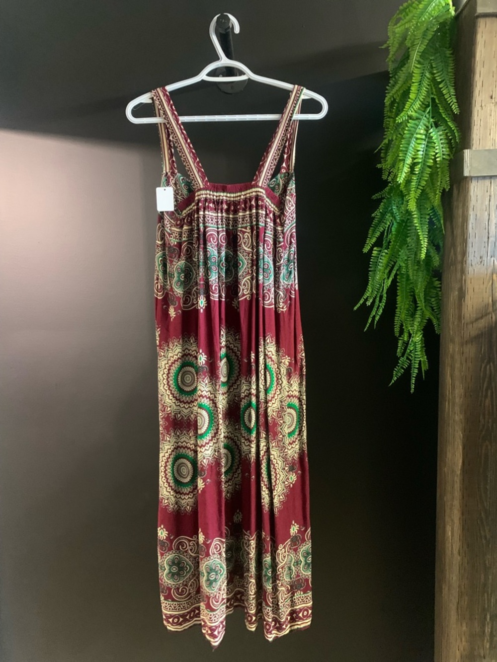 Burgundy Maxi Dress with Green Medallion Print